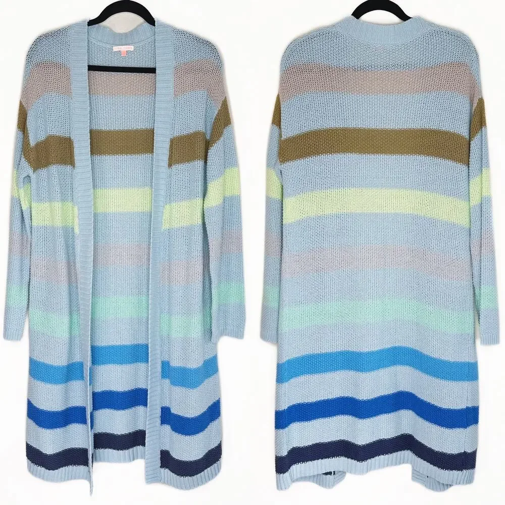 Lisa Todd Sand Sweeper Aqua Combo Striped Knit Long Open Cardigan Duster Sweater - Picture 2 of 11